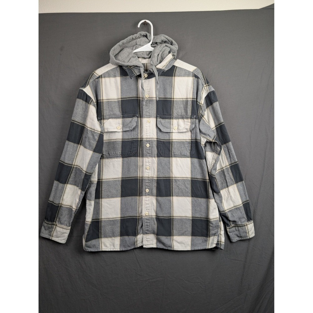 American Eagle Mens Large Plaid Hooded Flannel Shirt Gray White